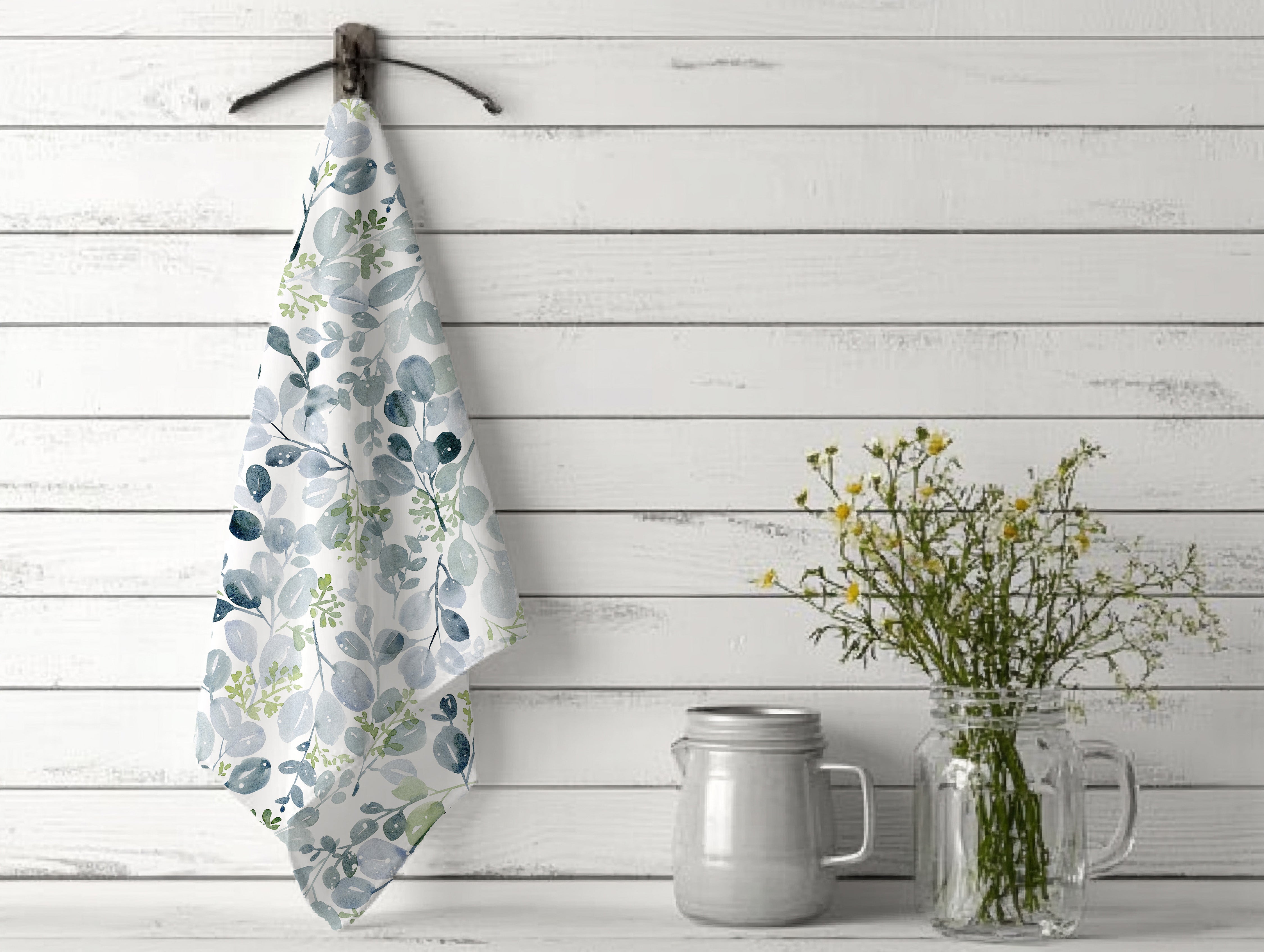 Blue Sage Tea Towel Set of 4 | Personalized Kitchen Towels | Custom Family Name Gift | Blue Botanical Dish Towels | Housewarming Gift Set