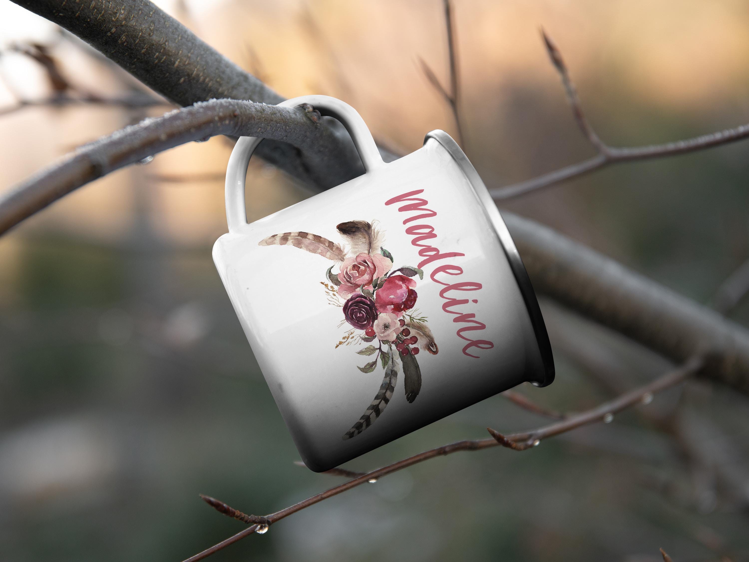 Personalized Boho Floral Enamel Camping Mug - Outdoor Gift, Multiple Sizes & Colors Available