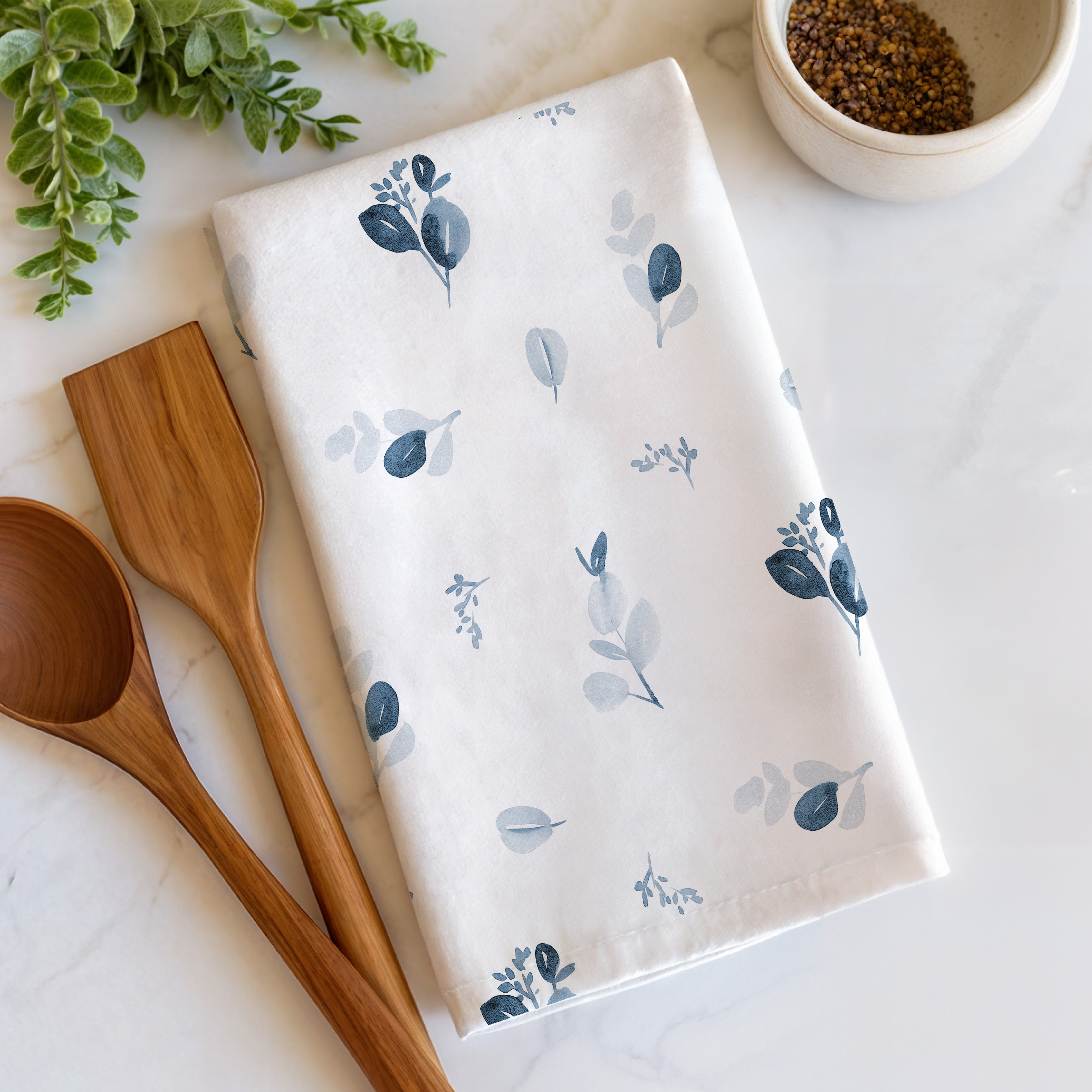 Blue Sage Tea Towel Set of 4 | Personalized Kitchen Towels | Custom Family Name Gift | Blue Botanical Dish Towels | Housewarming Gift Set