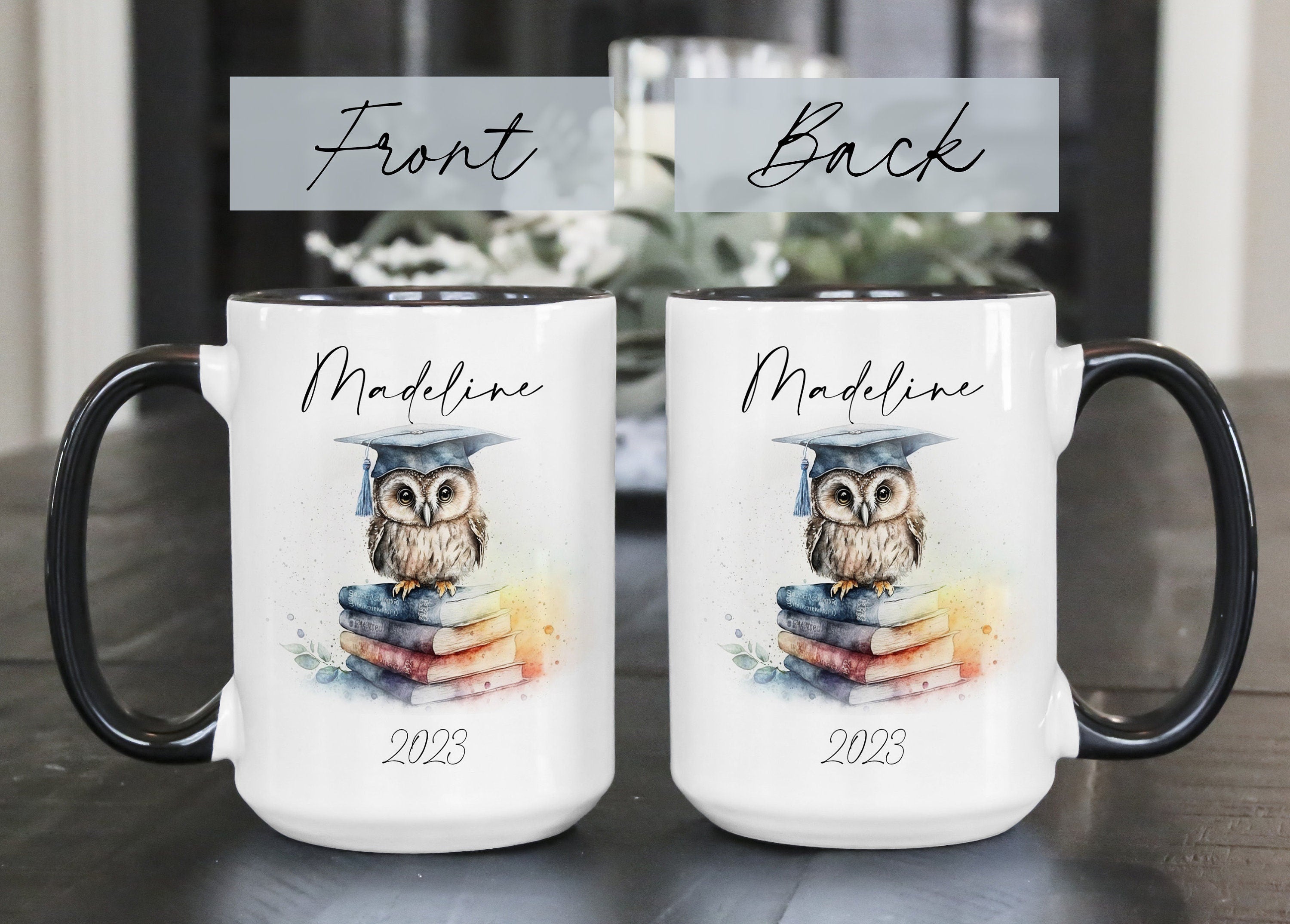 Personalized Graduation Coffee Mug: Watercolor Owl on Books