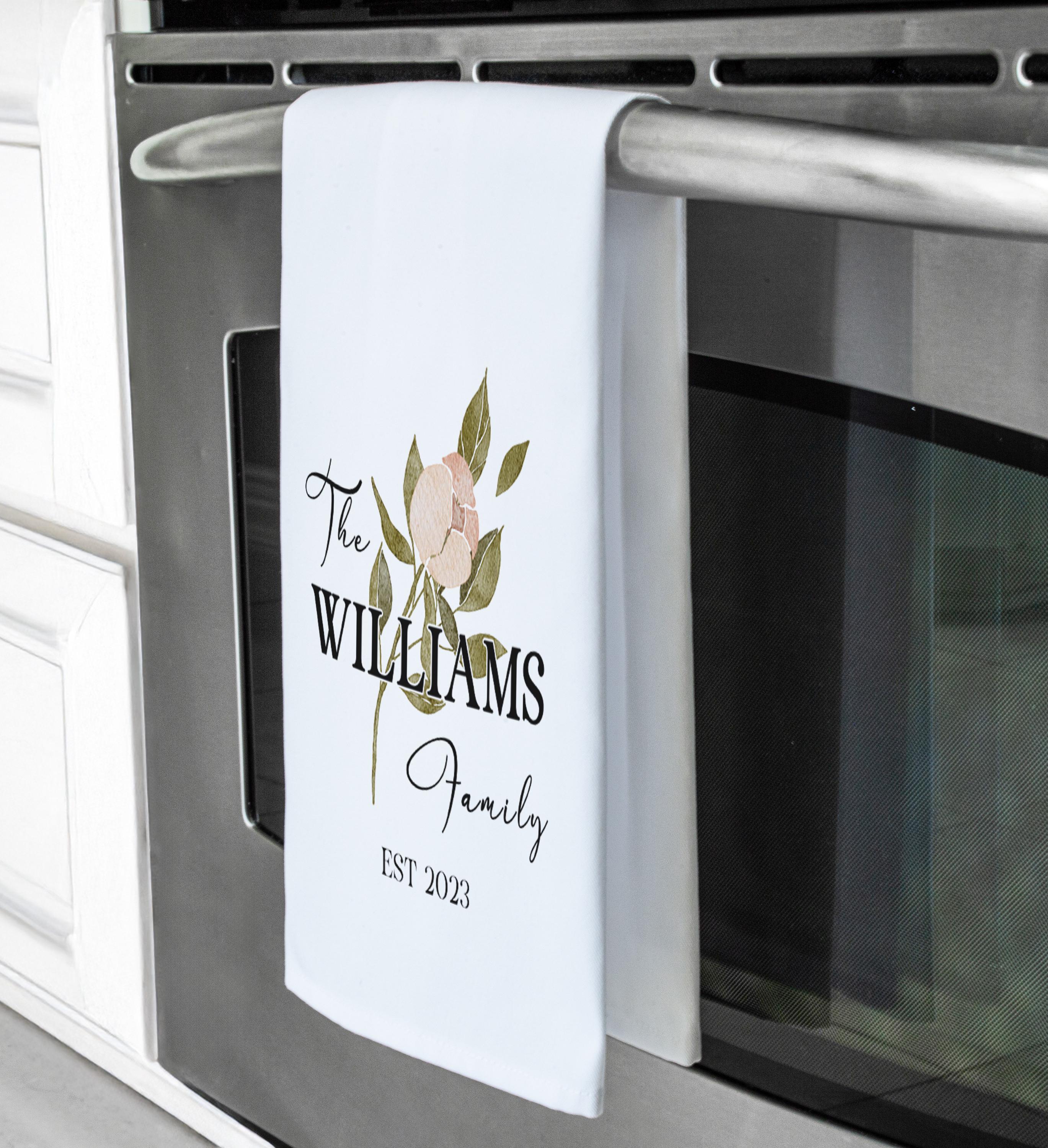 3 Set Floral Family Name Tea Towel – Custom Last Name Kitchen Decor – Housewarming or Wedding Gift – Est. Date Keepsake, Fall colors palette