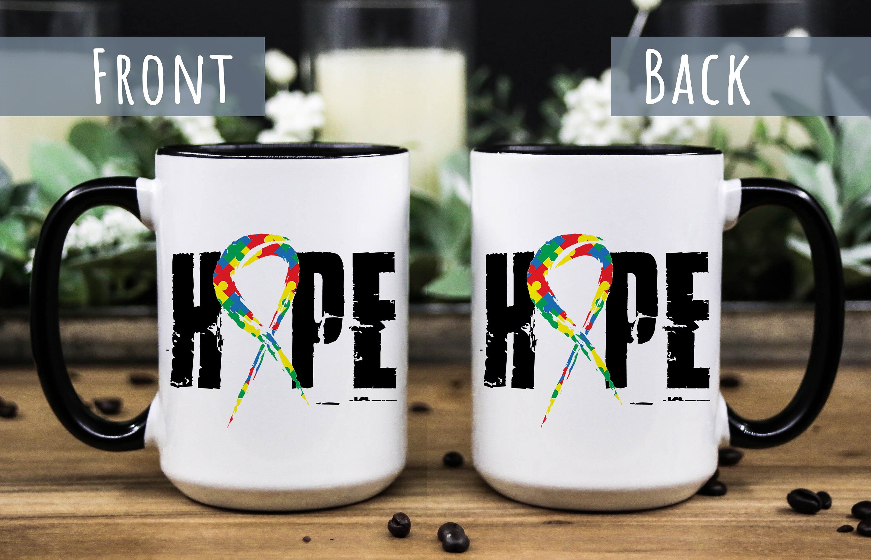 Autism Awareness Mug: "Hope" Ribbon, Special Needs Gift