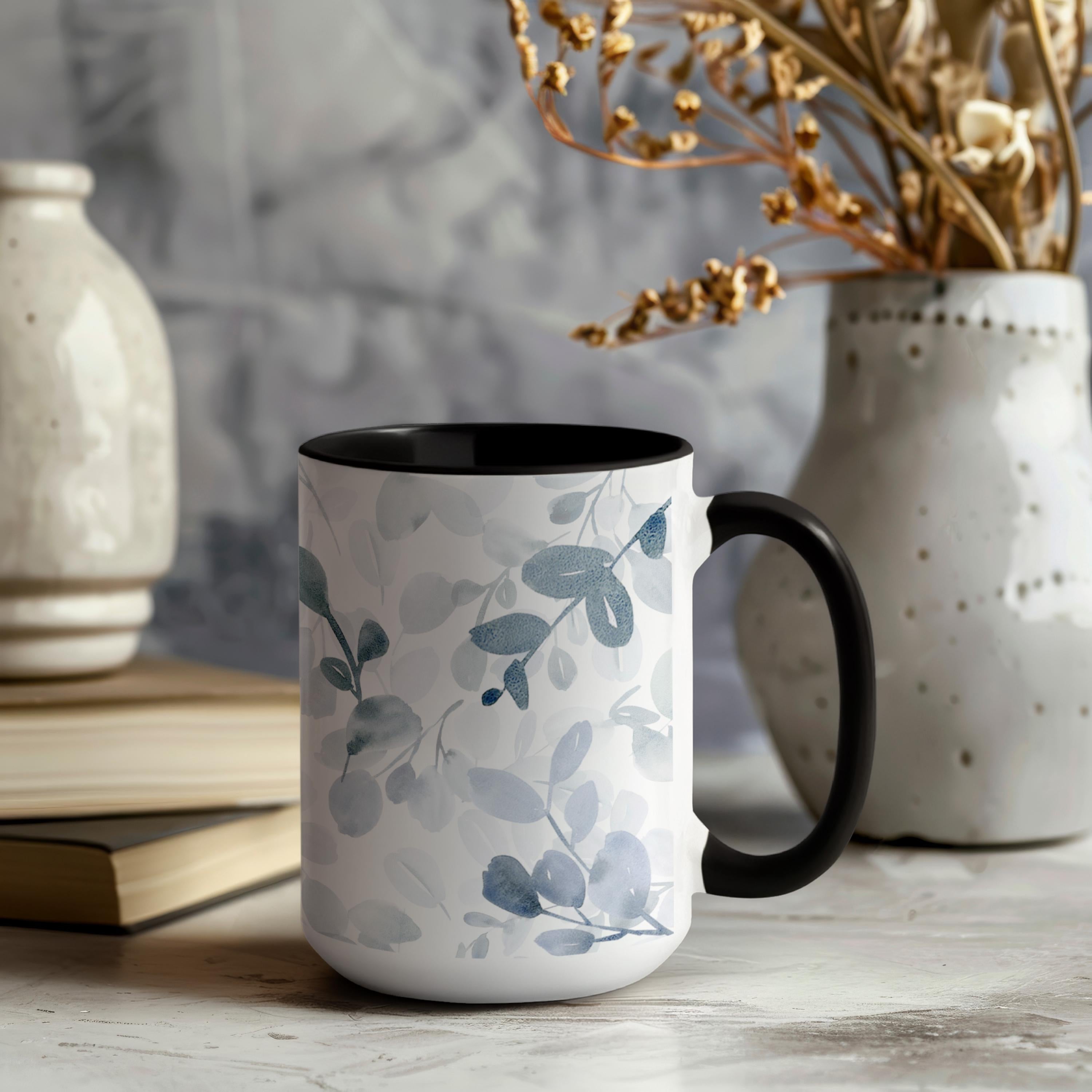Personalized Floral Watercolor Ceramic Mug, Blue Sage Botanical designed Cup, Gift for Her