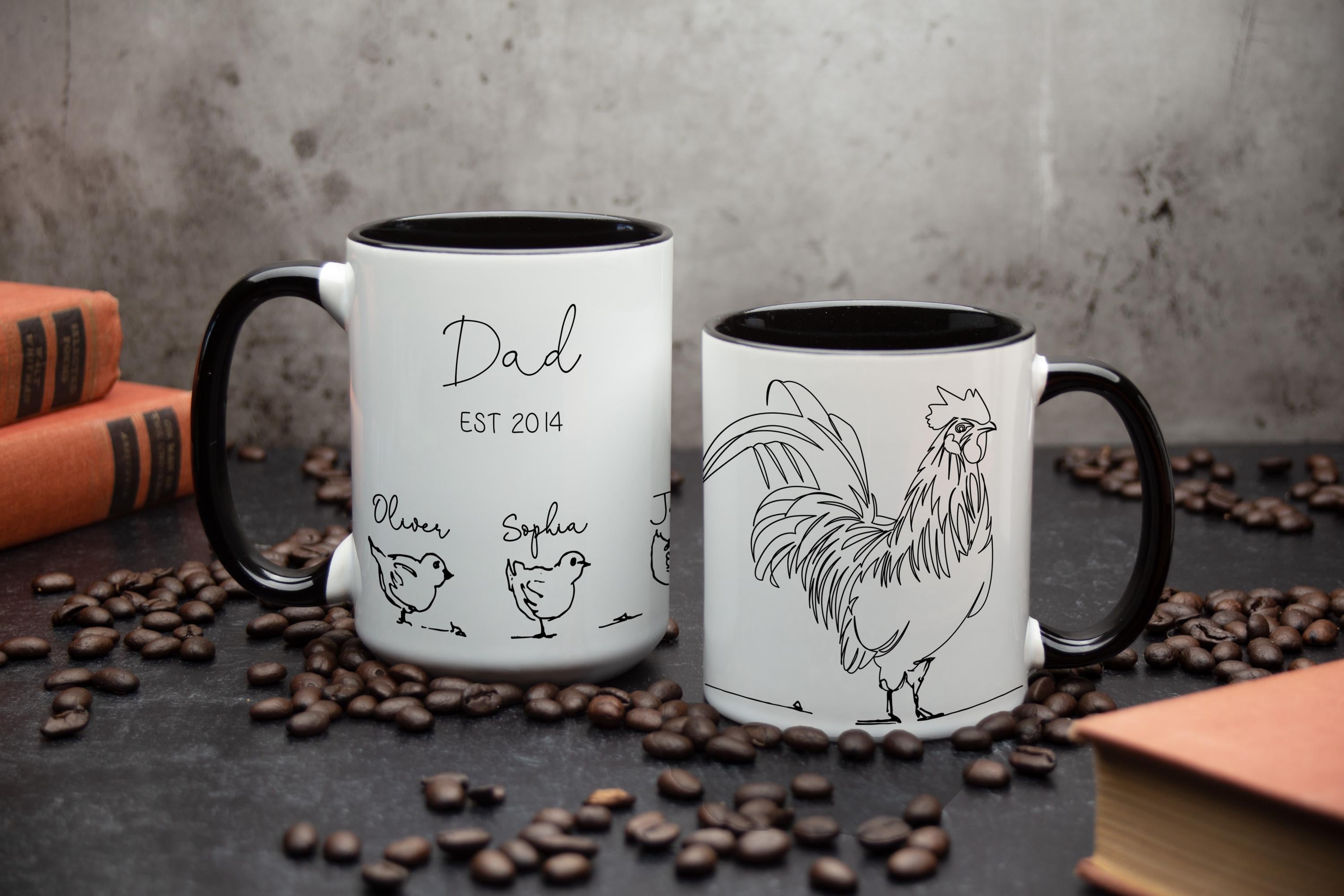 Dad and kids Rooster Mug, Special Father's Day gift with giftbox included, Perfect Personalized Gift for him, Line Art Chicken Grandpa Mug