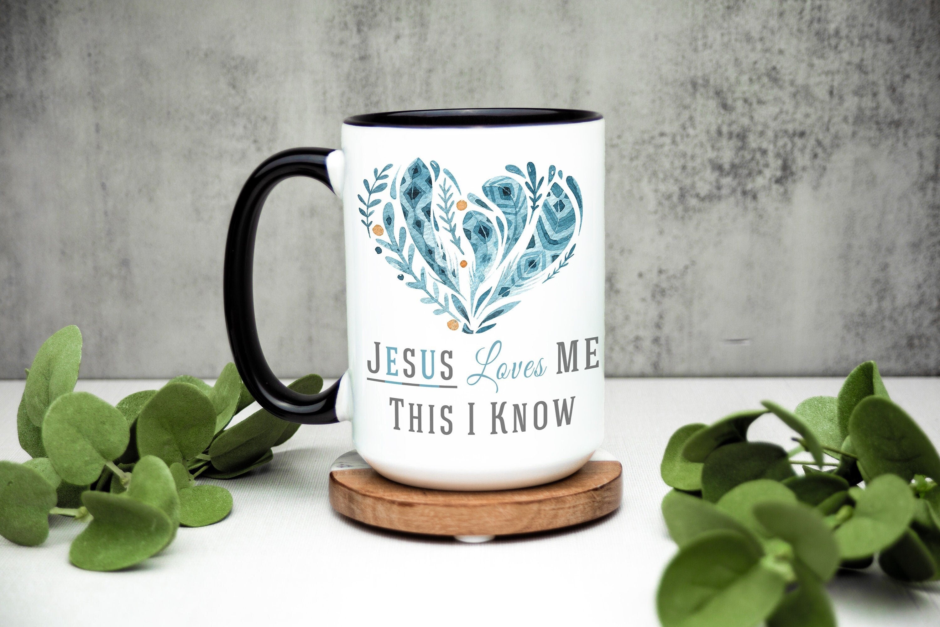 Jesus Loves Me Coffee Mug: Christian Gift with Blue Feather Heart