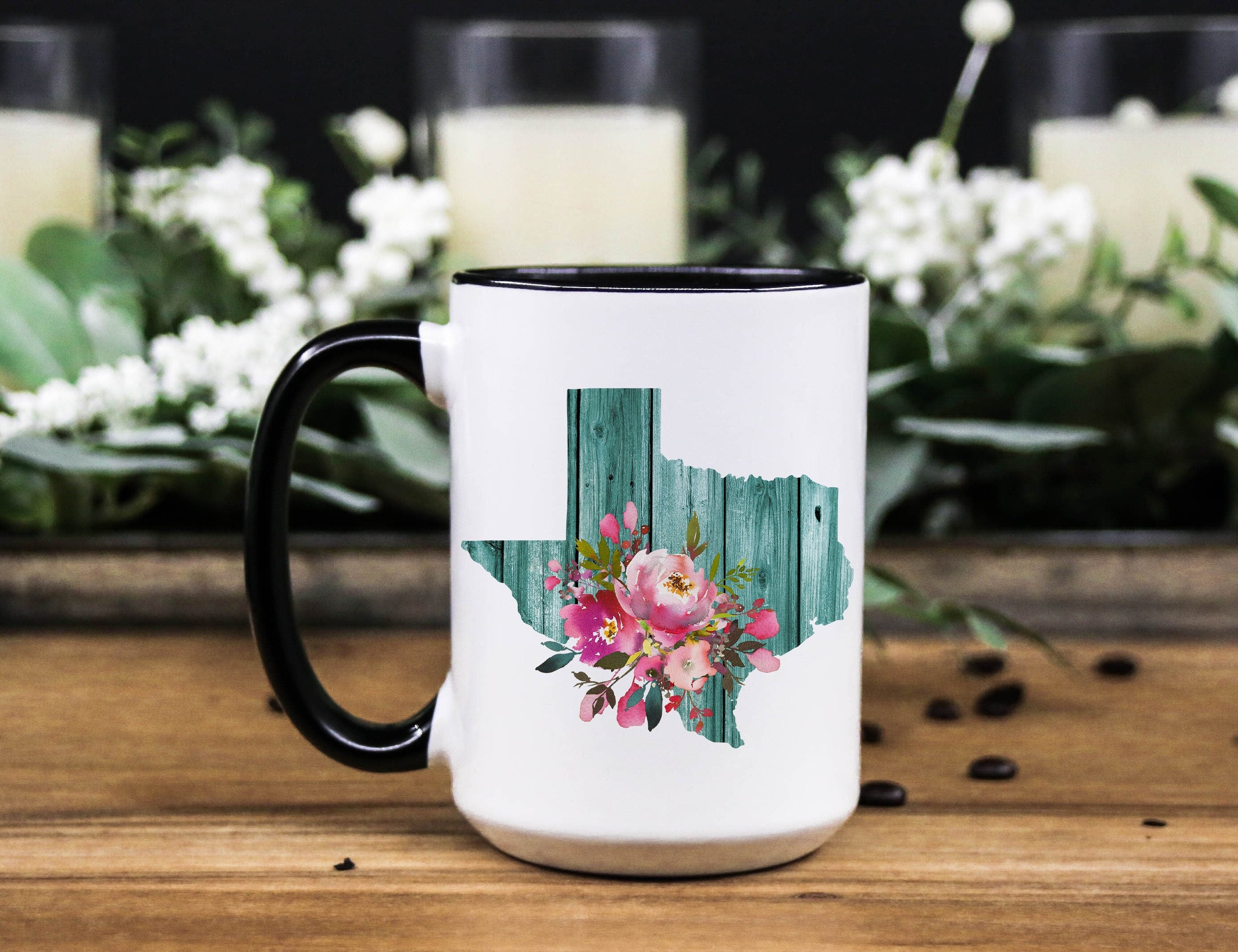 Floral Texas Mug: Teal Wood State, Texan Gift