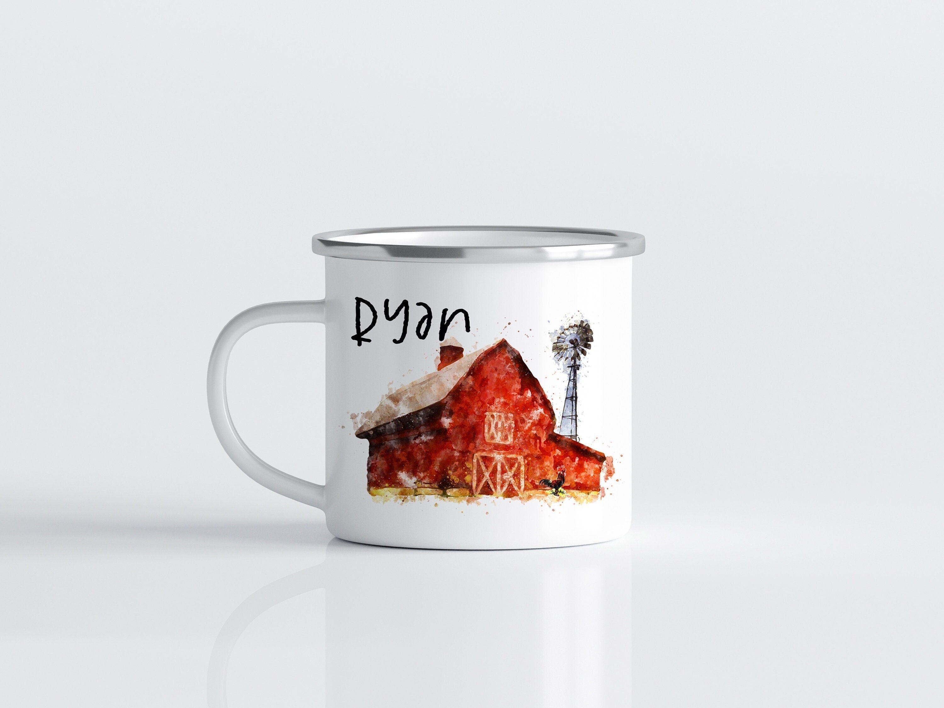 Personalized Barn Enamel Camp Mug: Custom Kids Mug, Farmhouse Decor