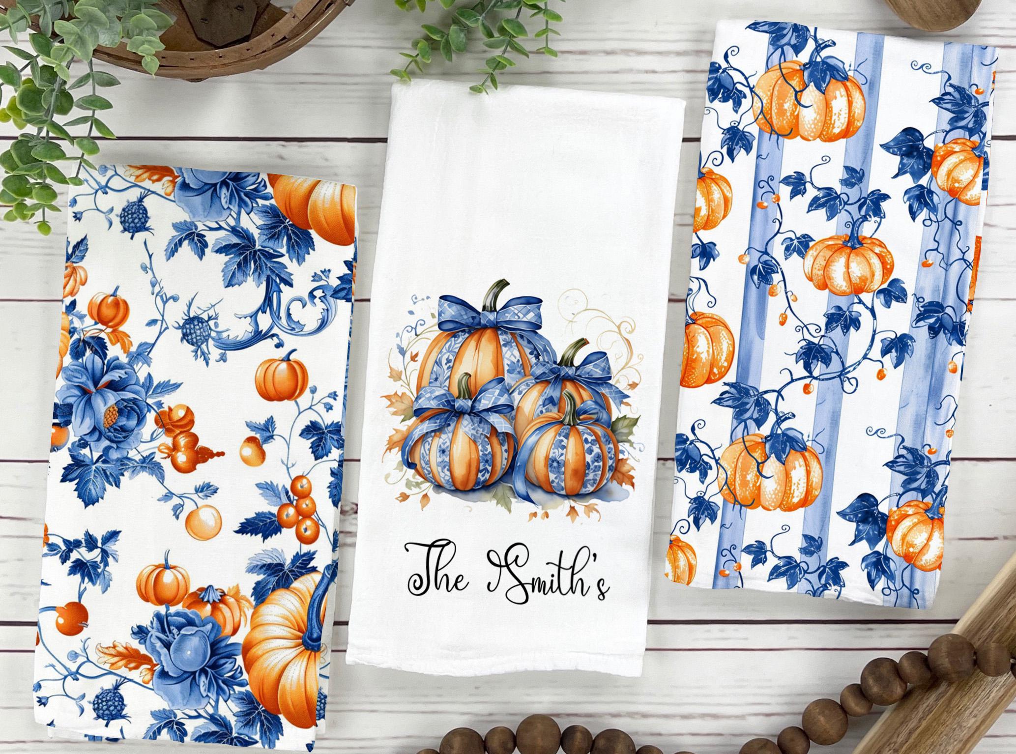 Personalized Toile Pumpkin Tea Towel Set - Blue & Orange Farmhouse Fall Decor
