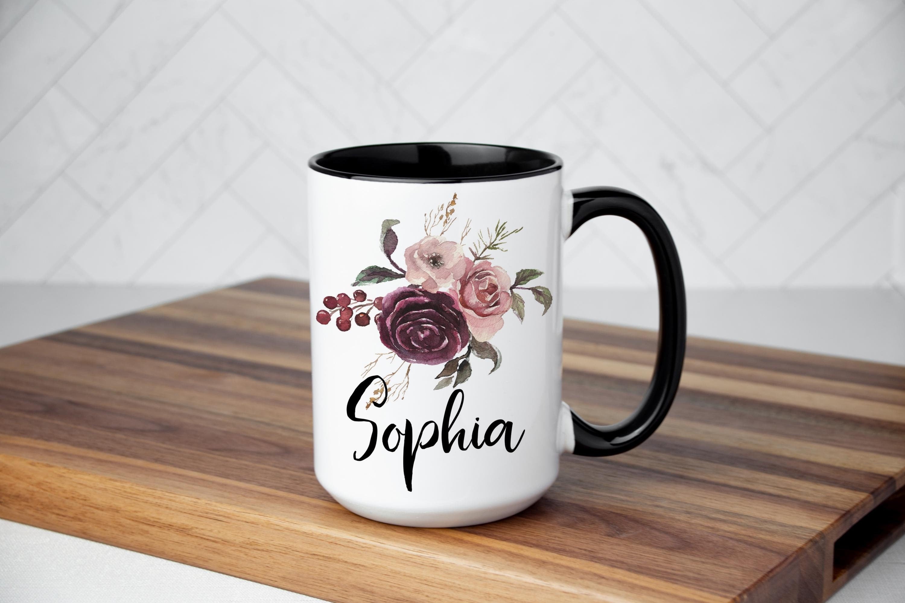 Personalized Mug for women - Pink Floral mug - Custom gift mug for her - Name Mug for girls - Name mom mug - Birthday gift mug for women