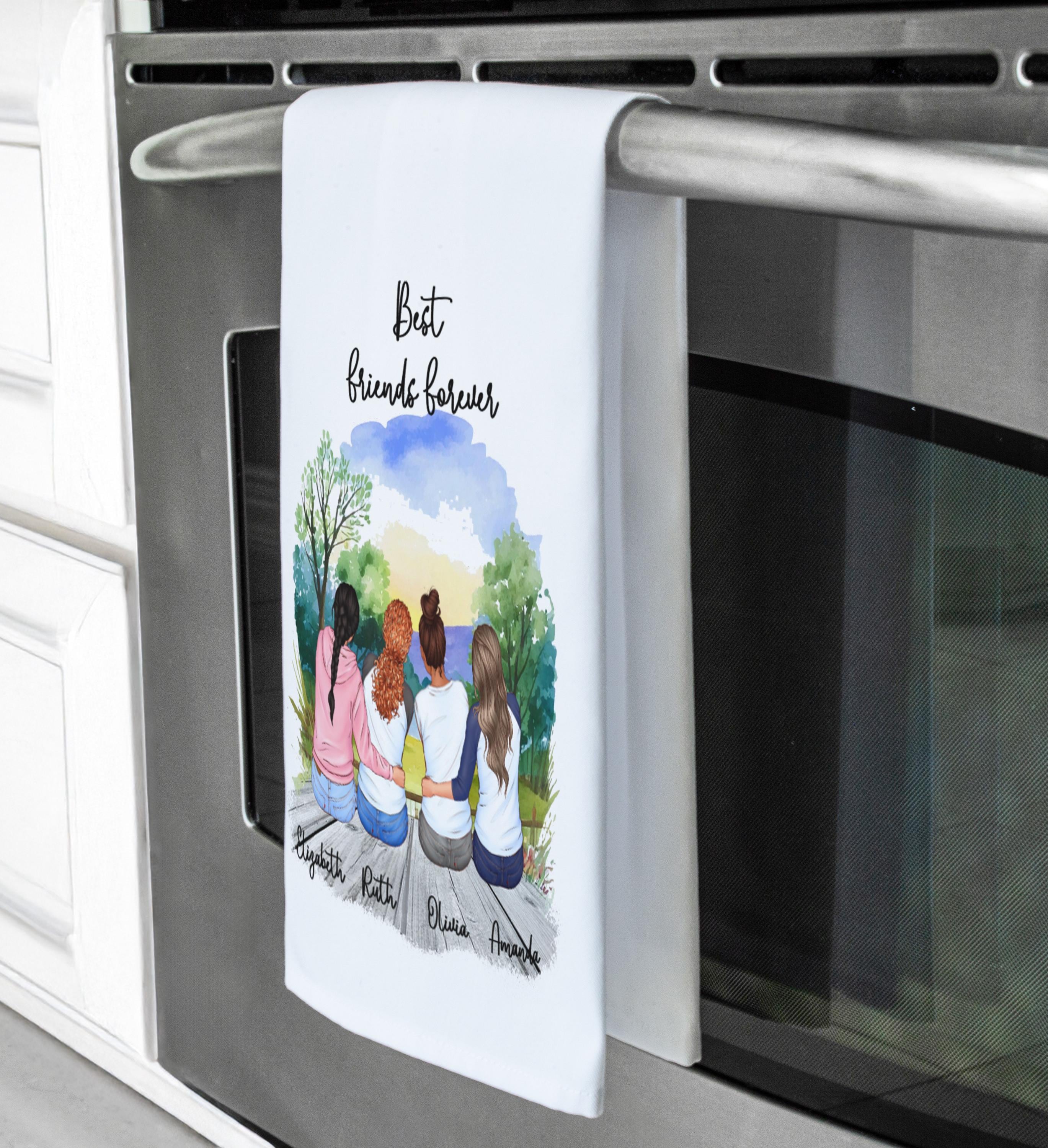 Custom Best Friends Tea Towel, Personalized with 2 to 6 Friends, Custom Names, Hair, Outfits and Backgrounds, Friendship Gift, Keepsake Gift