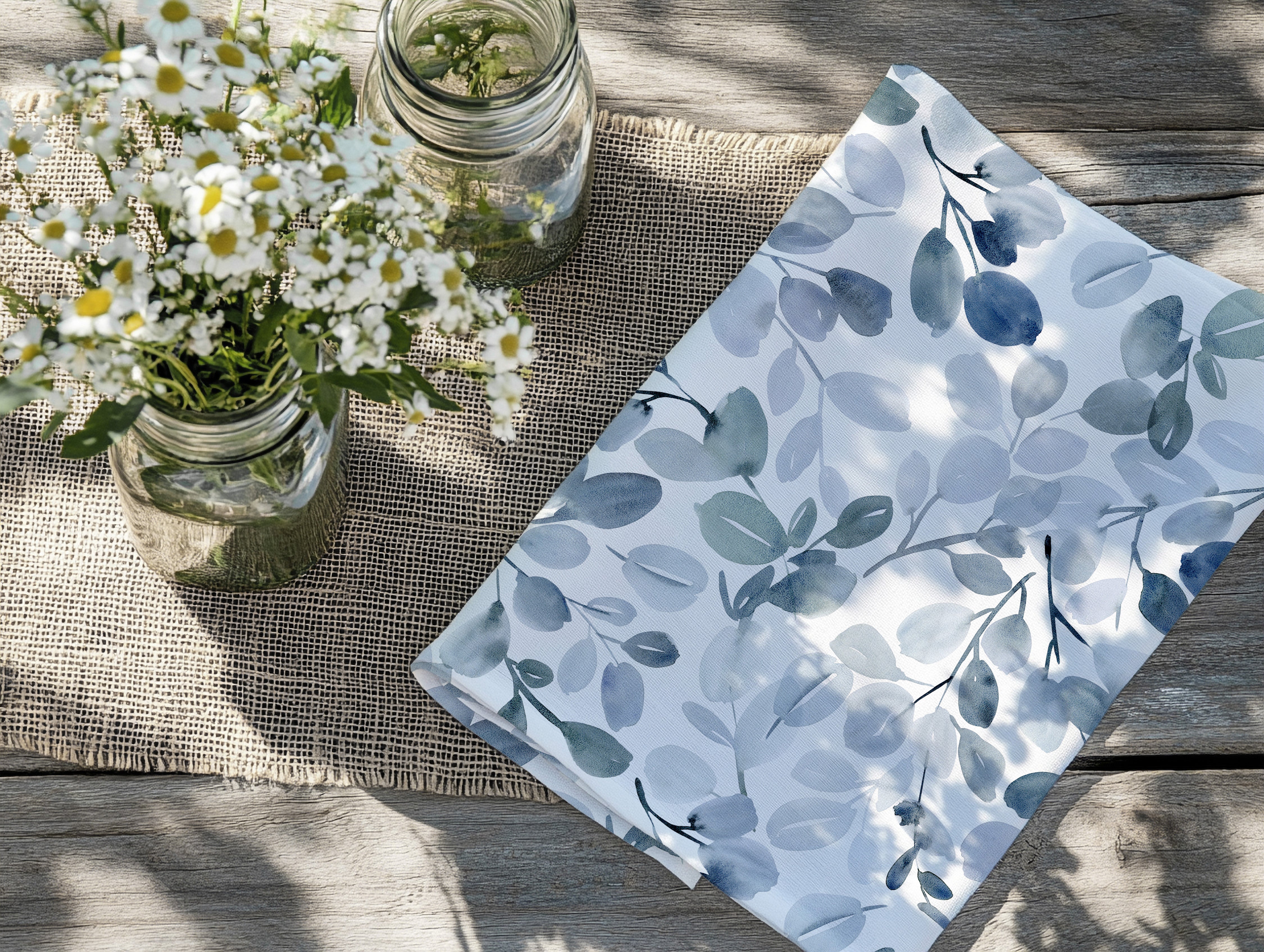 Blue Sage Tea Towel Set of 4 | Personalized Kitchen Towels | Custom Family Name Gift | Blue Botanical Dish Towels | Housewarming Gift Set