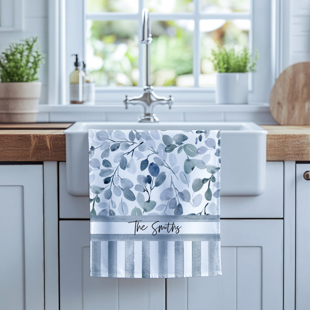 Blue Sage Tea Towel Set of 4 | Personalized Kitchen Towels | Custom Family Name Gift | Blue Botanical Dish Towels | Housewarming Gift Set