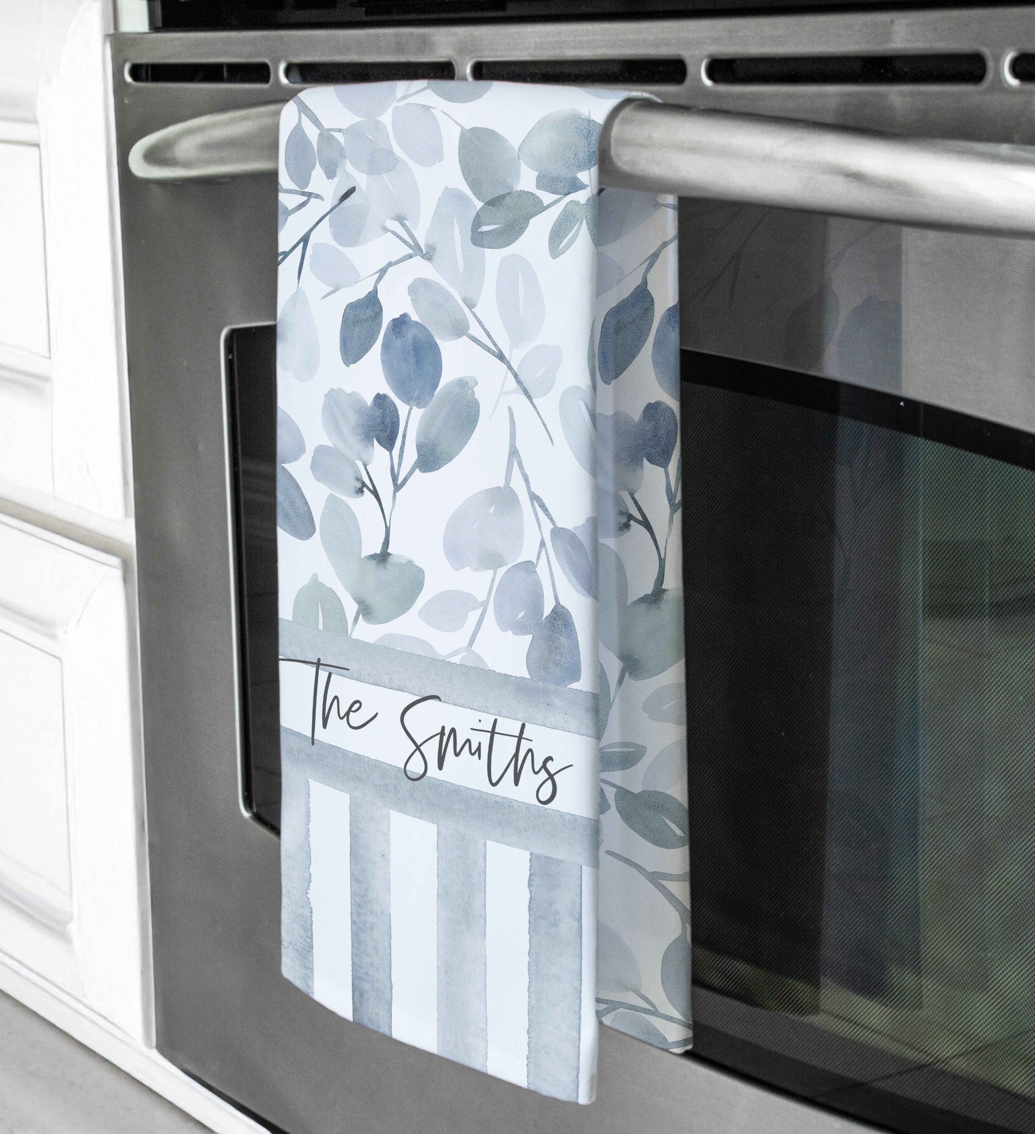 Blue Sage Tea Towel Set of 4 | Personalized Kitchen Towels | Custom Family Name Gift | Blue Botanical Dish Towels | Housewarming Gift Set