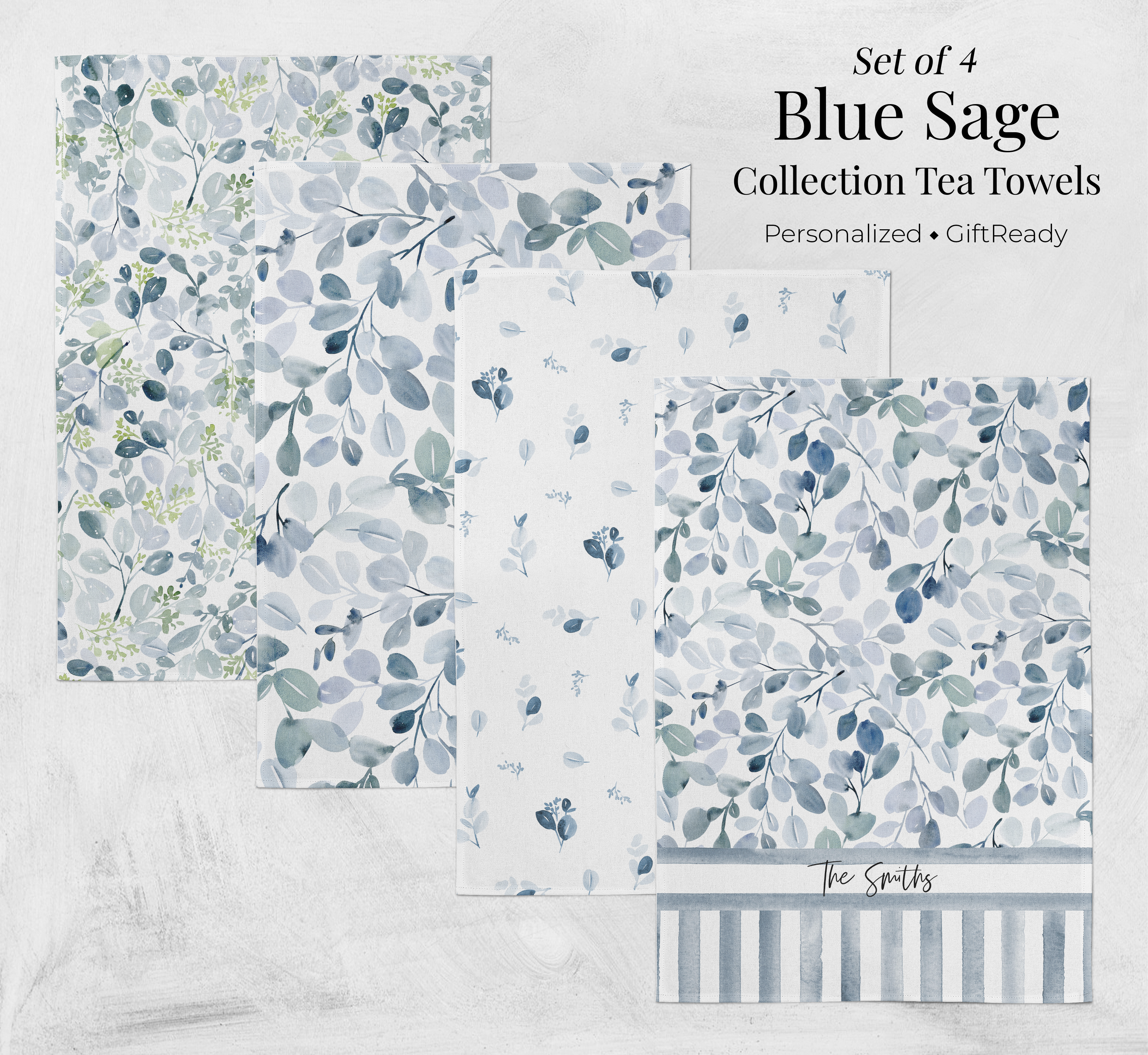 Blue Sage Tea Towel Set of 4 | Personalized Kitchen Towels | Custom Family Name Gift | Blue Botanical Dish Towels | Housewarming Gift Set