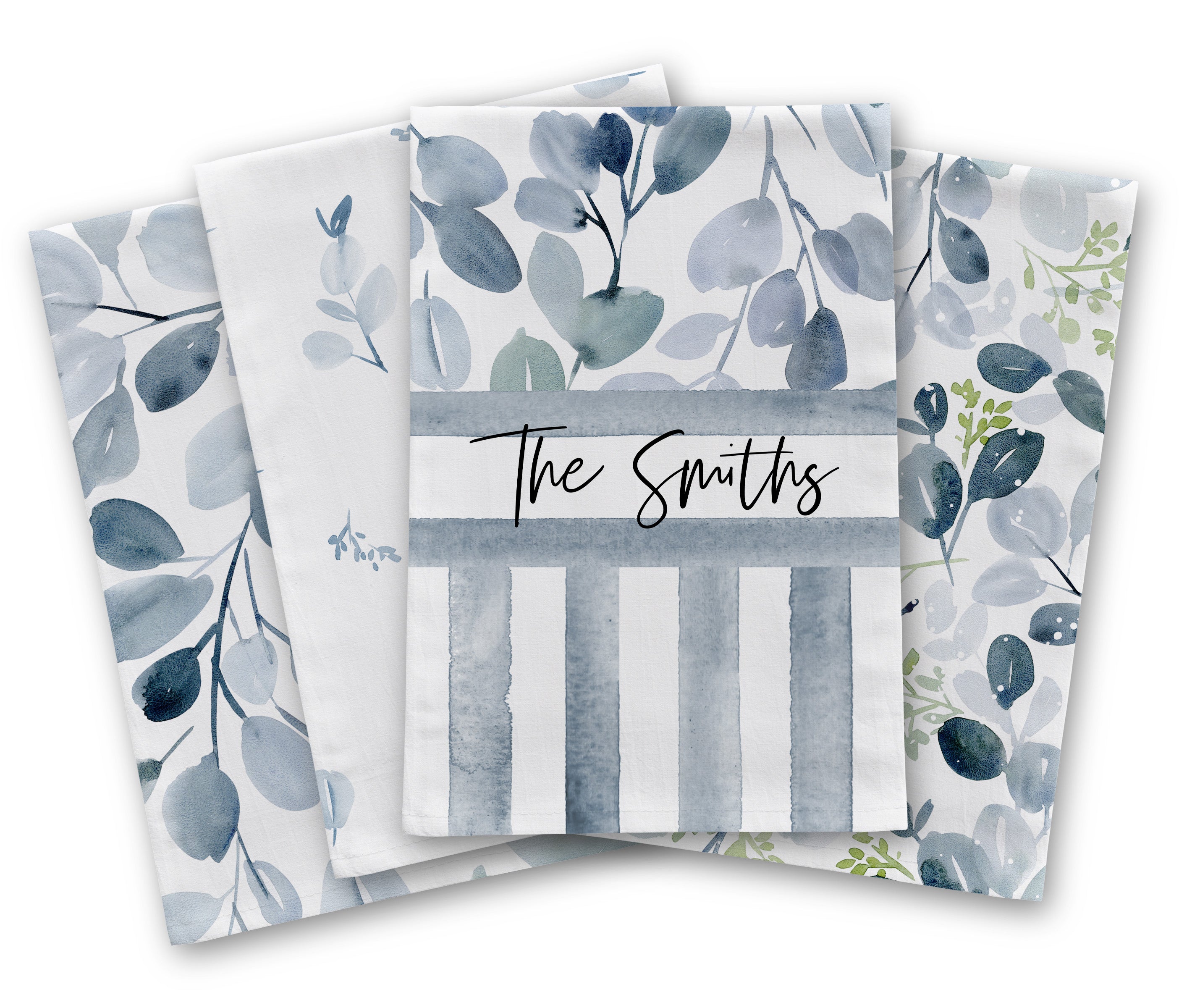 Blue Sage Tea Towel Set of 4 | Personalized Kitchen Towels | Custom Family Name Gift | Blue Botanical Dish Towels | Housewarming Gift Set