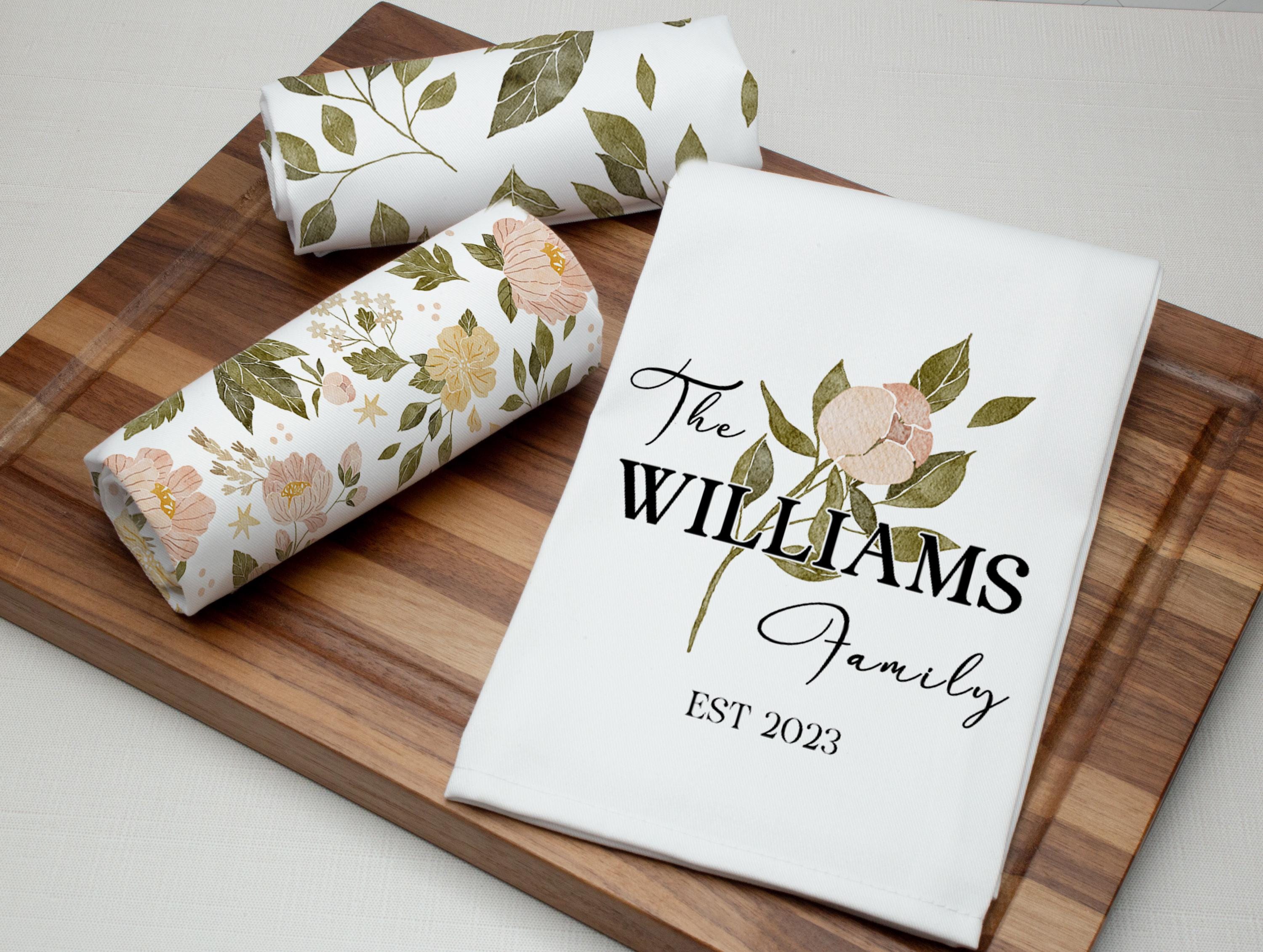 3 Set Floral Family Name Tea Towel – Custom Last Name Kitchen Decor – Housewarming or Wedding Gift – Est. Date Keepsake, Fall colors palette