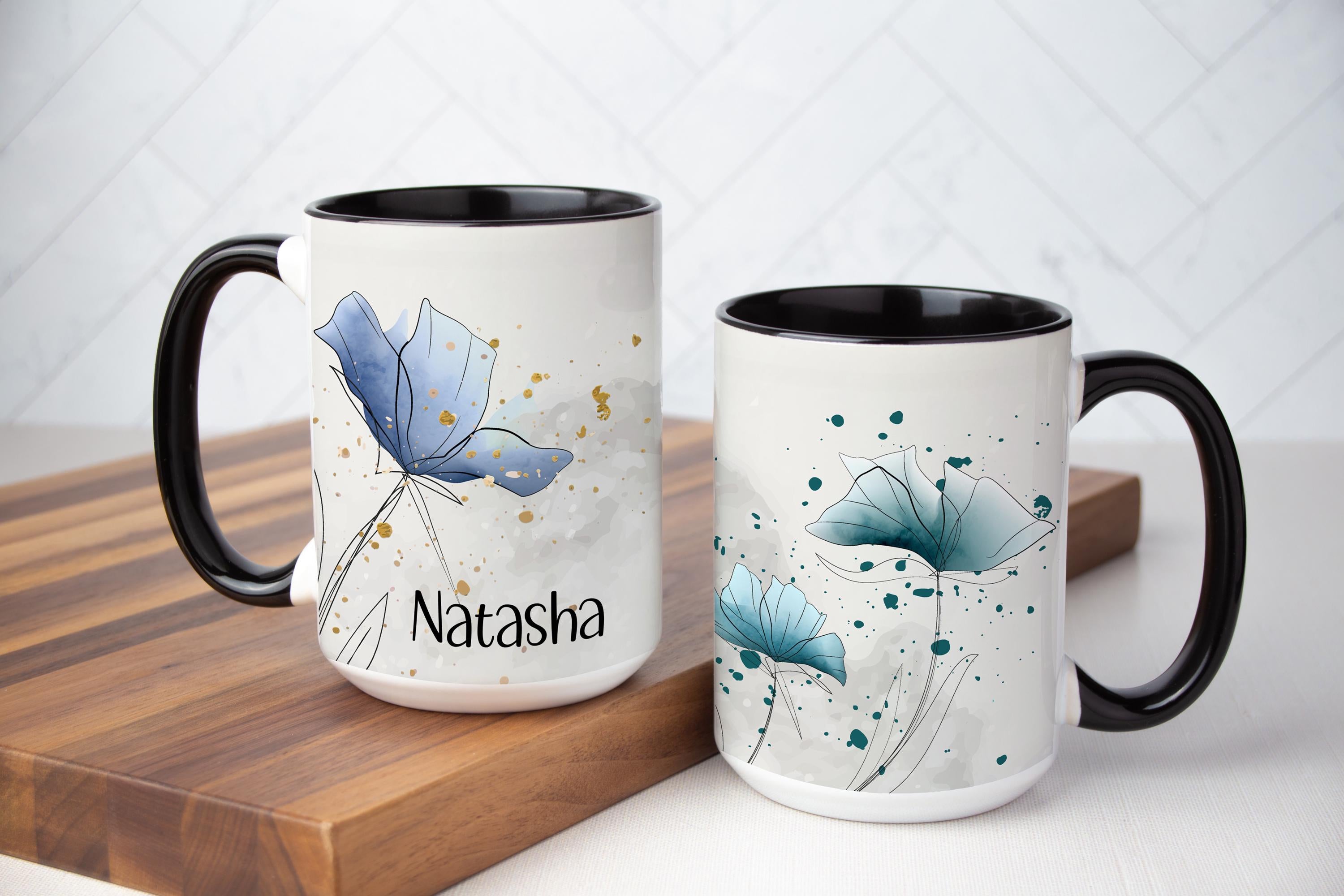 Watercolor Floral Coffee Mug: Blue/Green Ceramic Drinkware, Multiple Sizes & Colors Available