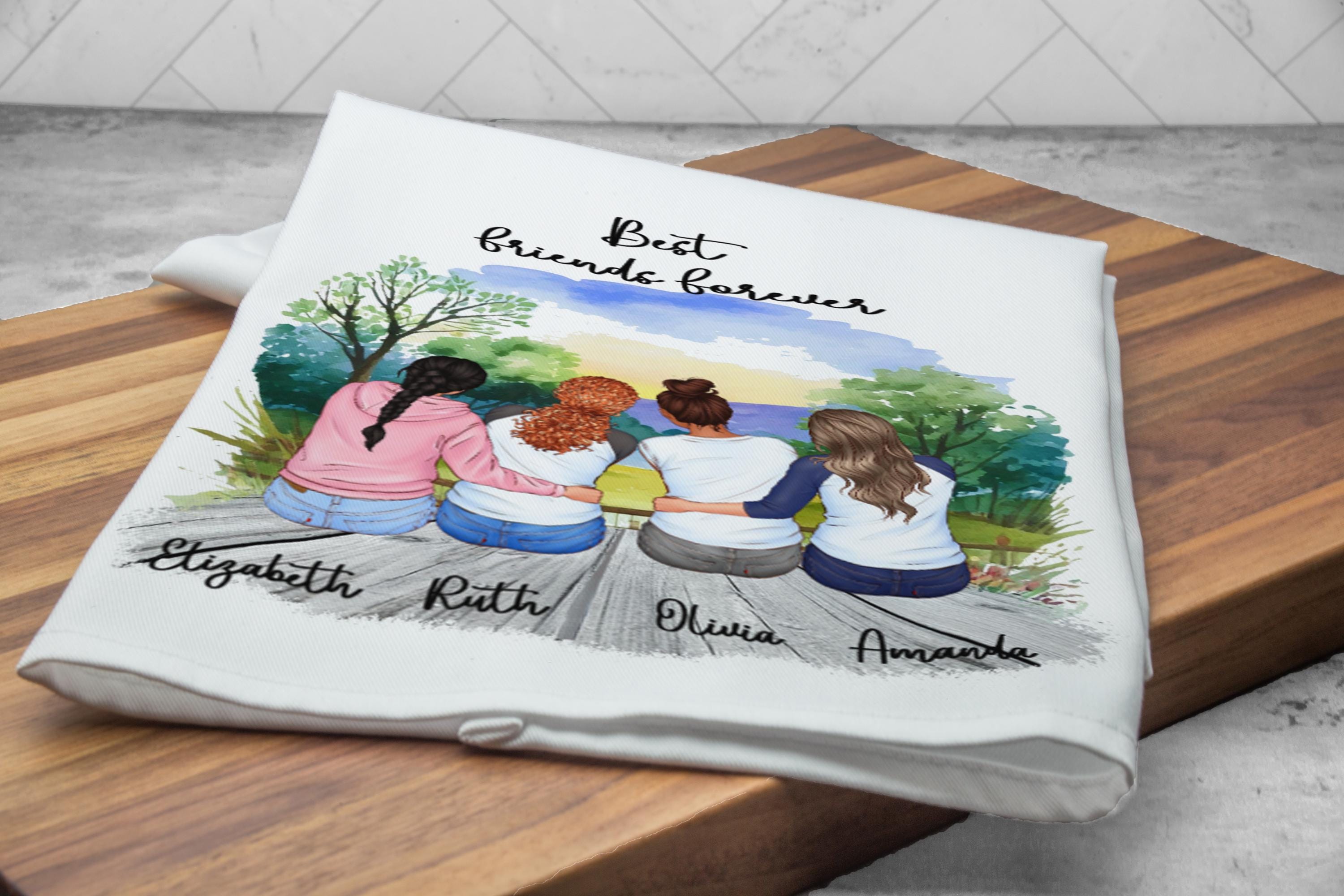 Custom Best Friends Tea Towel, Personalized with 2 to 6 Friends, Custom Names, Hair, Outfits and Backgrounds, Friendship Gift, Keepsake Gift