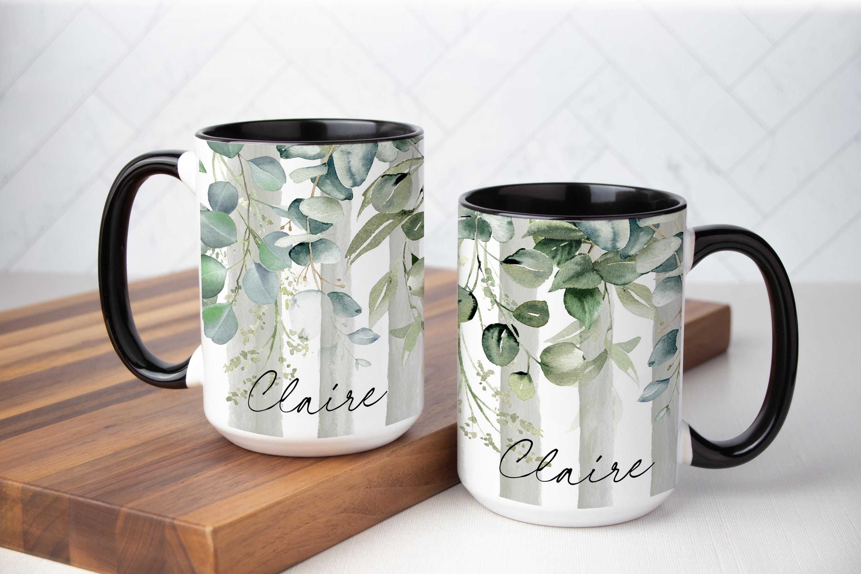 Personalized Greenery Mug: Striped Foliage Design, Multiple Sizes & Colors Available (Gift Box Included)