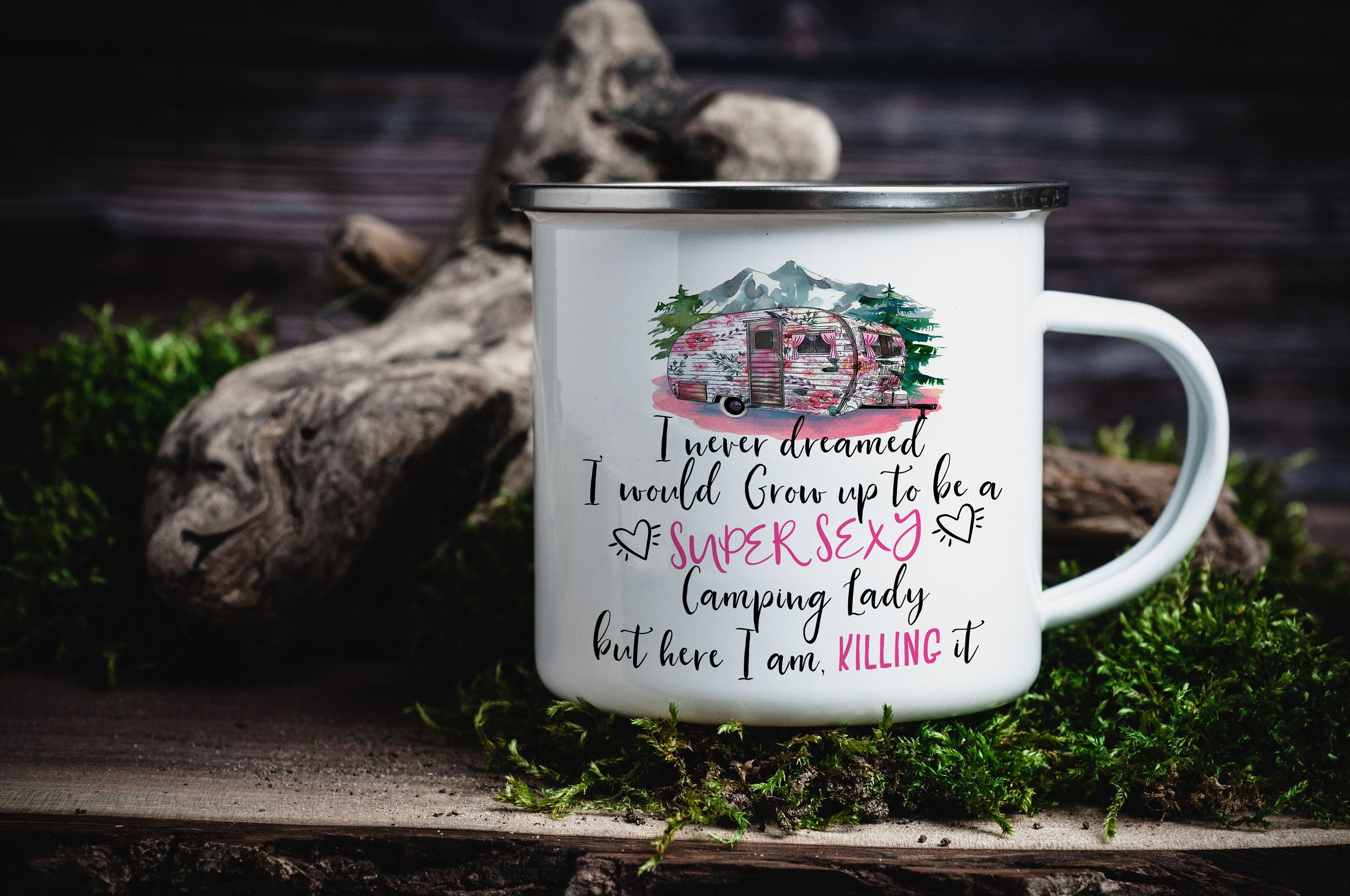 12oz/18oz Sexy Glamping Camp mug for women, Caravan Enamel Mug, Large Travel mug, Party favor gift idea, Coffee Gift Mug for Outdoor Friend
