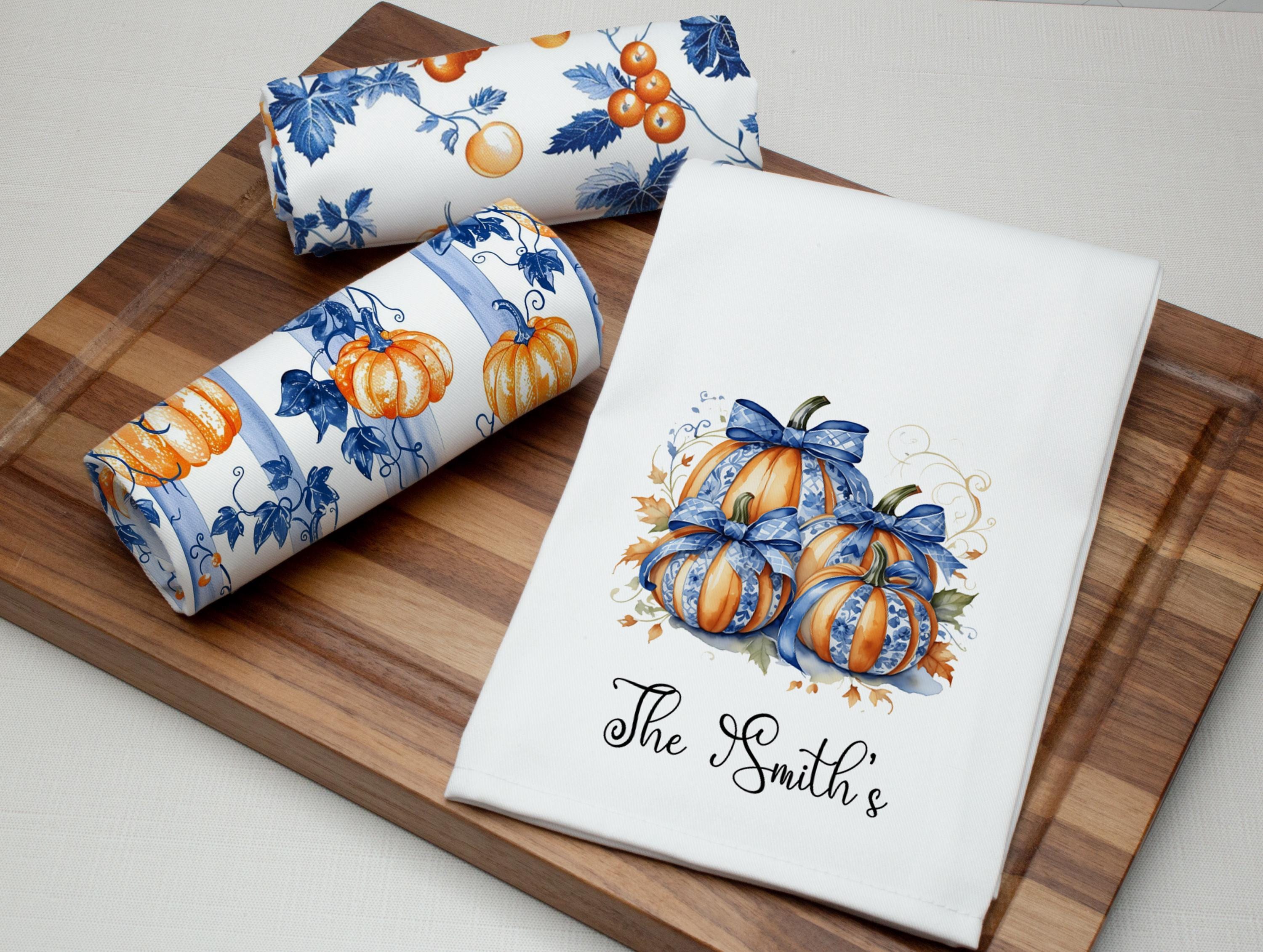 Personalized Toile Pumpkin Tea Towel Set - Blue & Orange Farmhouse Fall Decor
