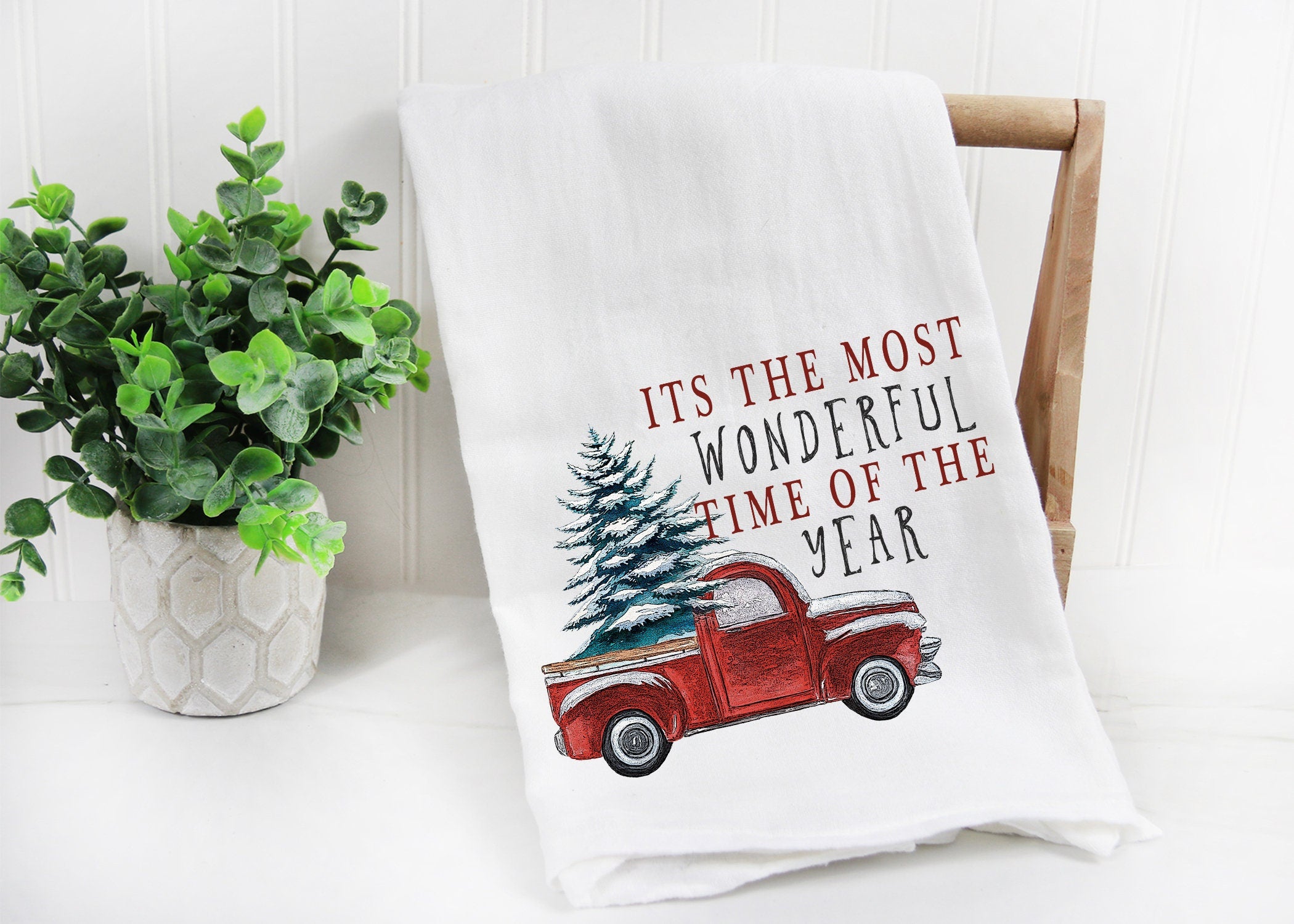 Tea Towel Most Wonderful Time of the Year Christmas Tree Flour Sack Tea Towel Decorative Kitchen Towel Kitchen Decor Decorative Towels