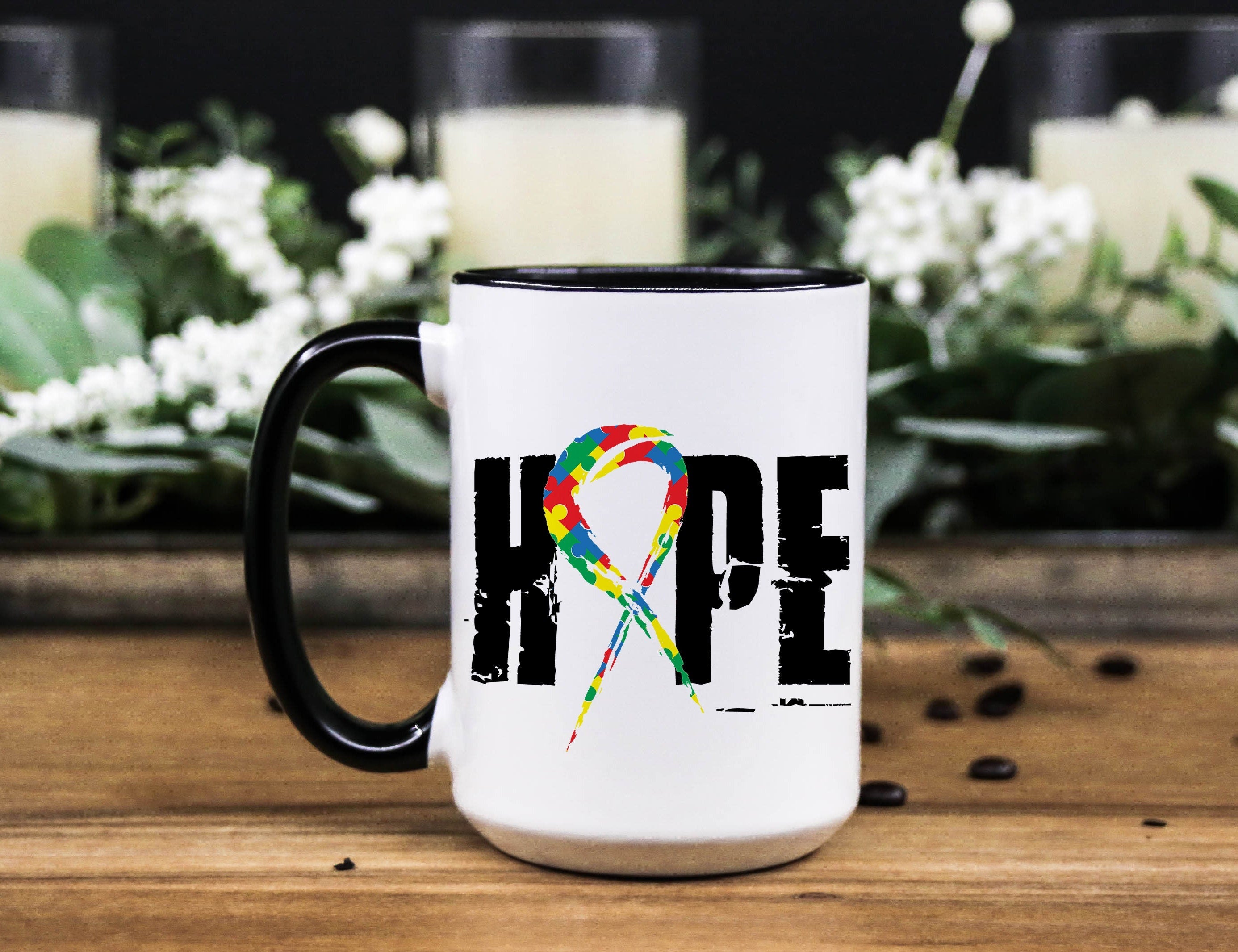 Autism Awareness Mug: "Hope" Ribbon, Special Needs Gift