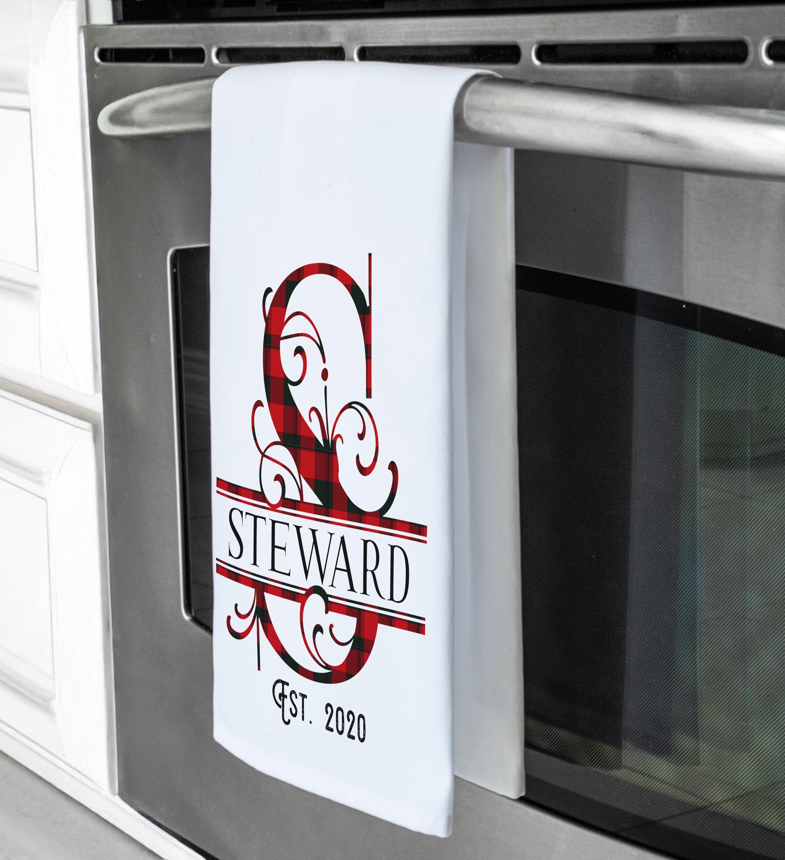 Personalized Christmas Tea Towel,  Buffalo Plaid Kitchen Towel, Monogram Custom Tea Towel, Last Name Tea Towel, Kitchen Dish Towels